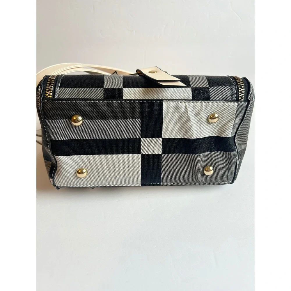Black White Plaid Backpack Crossbody Bag Set 4 Piece Faux Leather Cream Trim